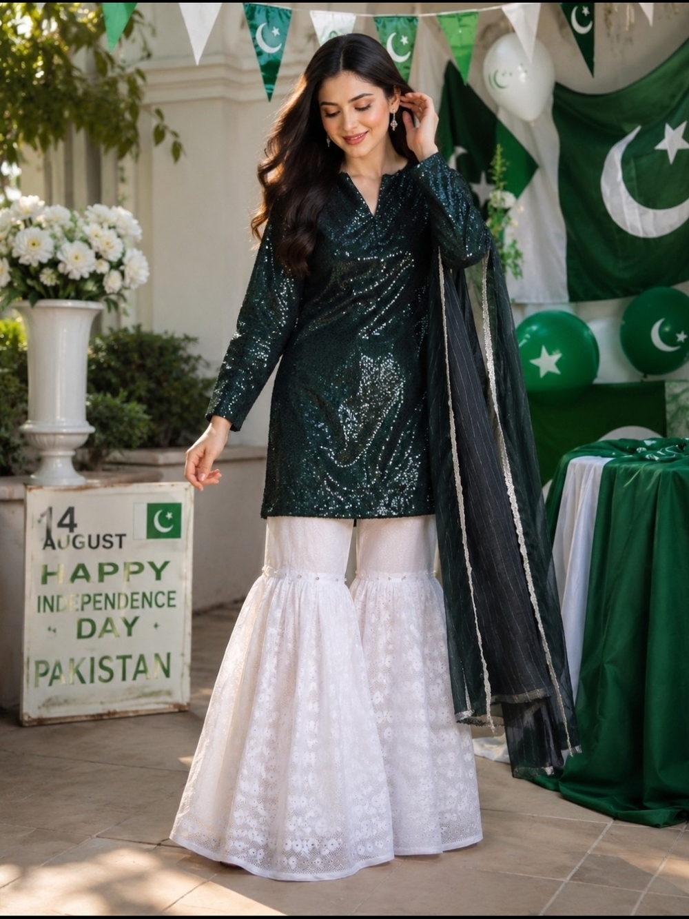 14 August Special – Green Sequin Soft Net Pakistani Suit with White Gharara